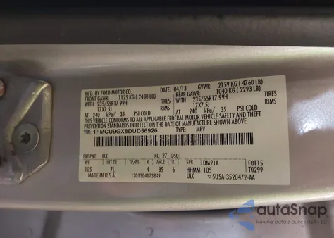 2013 Ford Escape Se z USA, uszkodzony, nr VIN 1FMCU9GX8DUD56926